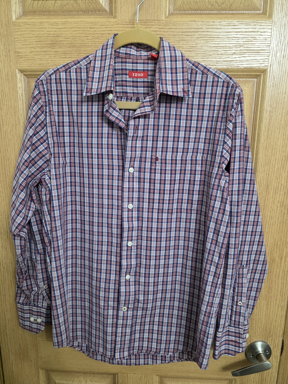 Izod Men's Red and Blue Plaid Button-Down Shirt